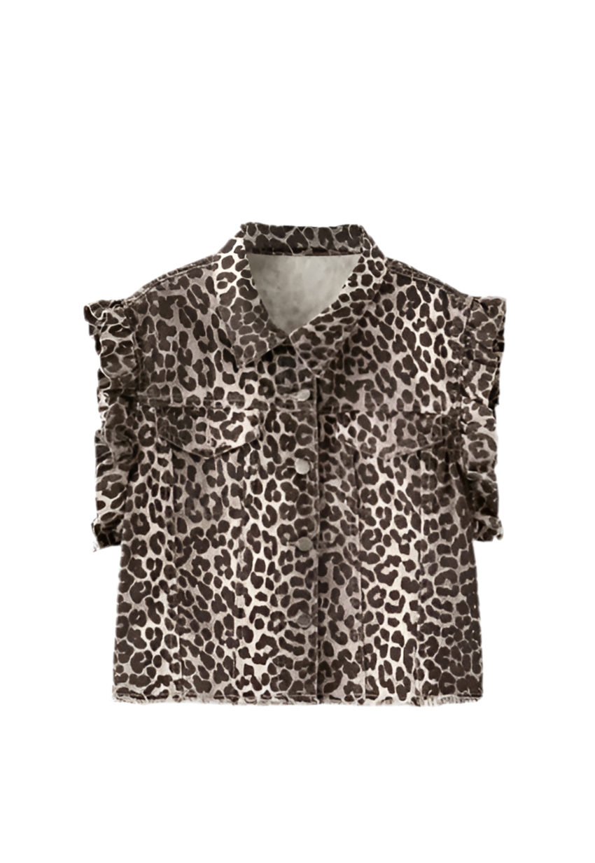 Leopard Print Short sleeve ruffle denim vest - Modestly Vogue 