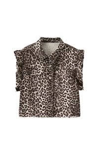 Leopard Print Short sleeve ruffle denim vest - Modestly Vogue 
