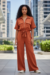Women Hunting Long Sleeve Collared Shirt Elastic Waist Wide Leg Pants - Modestly Vogue 