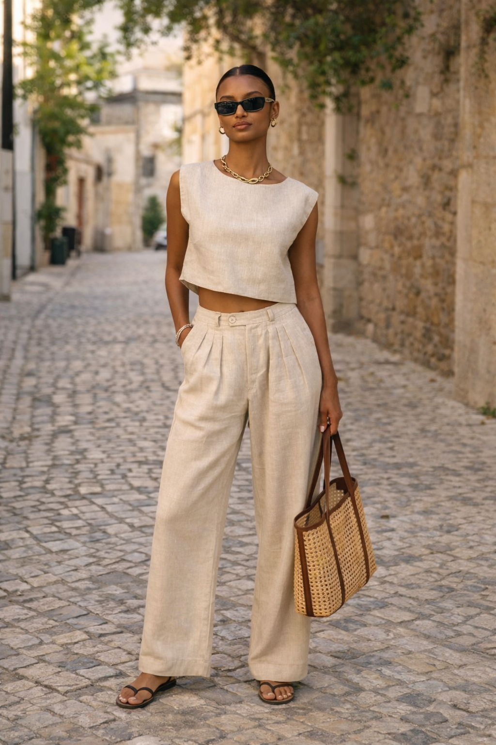 Linen Vest Pants Summer Sleeveless Vest Wide Leg Pants Casual Two Piece Sets - Modestly Vogue 
