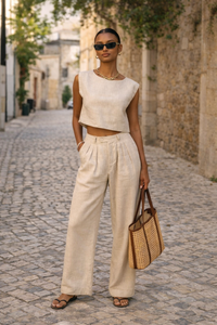 Linen Vest Pants Summer Sleeveless Vest Wide Leg Pants Casual Two Piece Sets - Modestly Vogue 