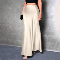Women's Elegant Satin High Waist Flared Midi Skirt Cocktail Party Wedding Long Skirt - Modestly Vogue 