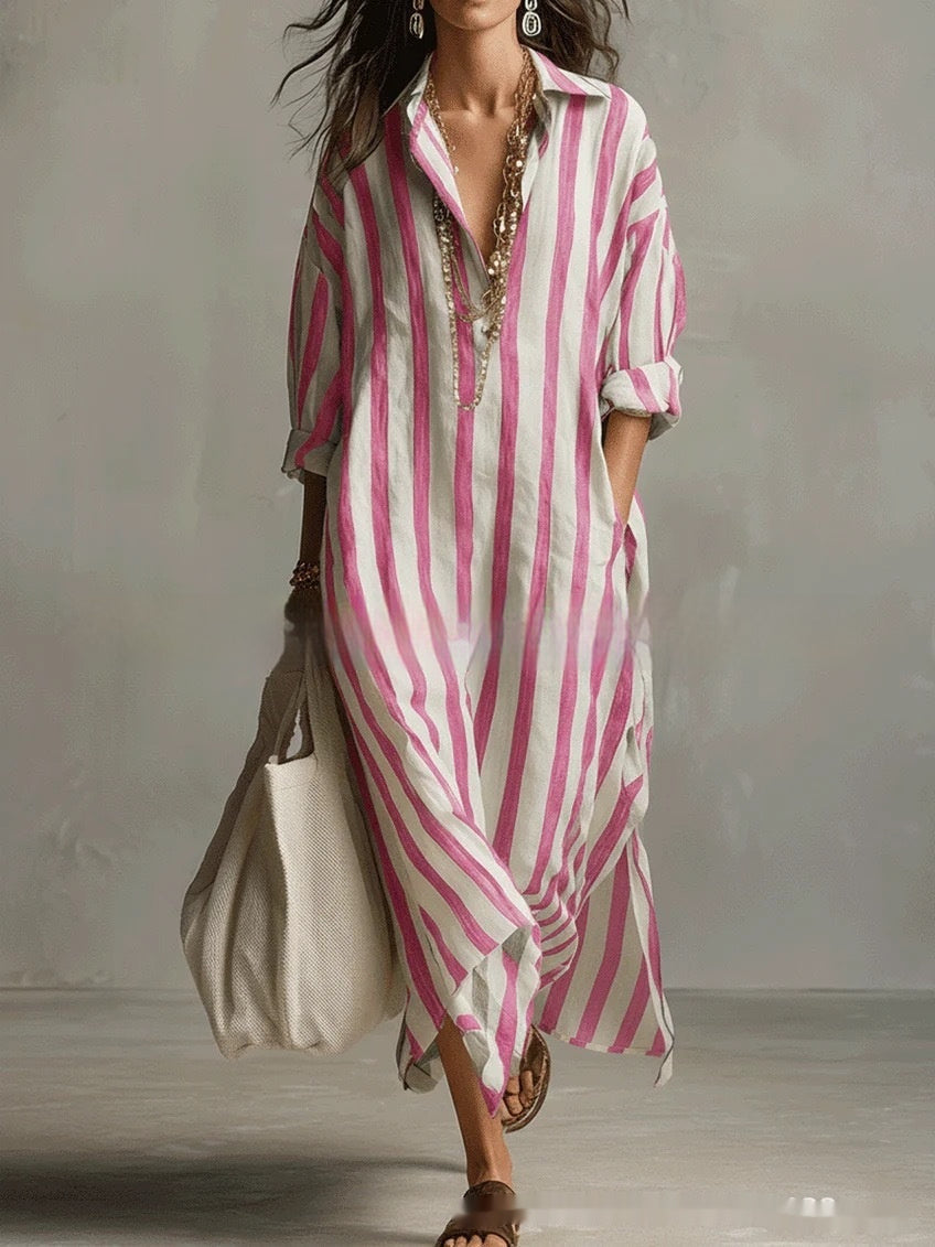 Striped Lapel-collar Dress With Side Slits And Pockets - Modestly Vogue 