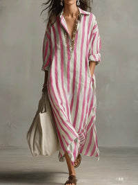 Striped Lapel-collar Dress With Side Slits And Pockets - Modestly Vogue 