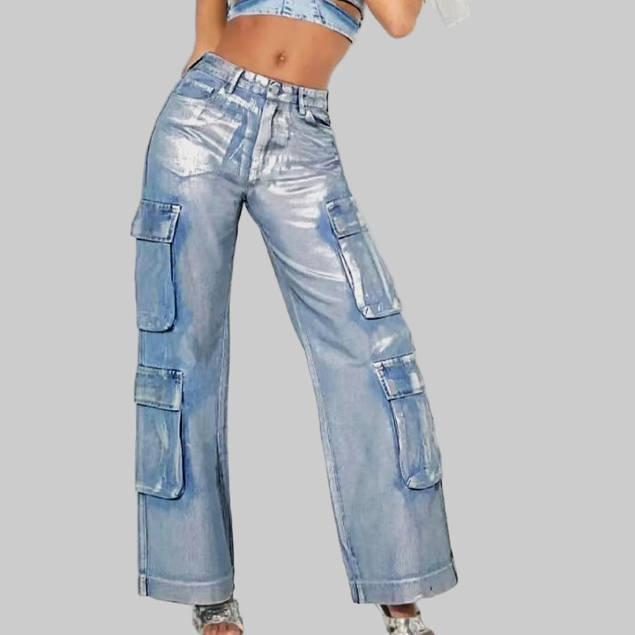 Fashion Hot Silver Craft Stretch Denim Multi-pocket Overalls