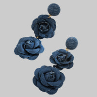 Denim Fabric Flower Earrings | Multi-Layer Long Design - Modestly Vogue 