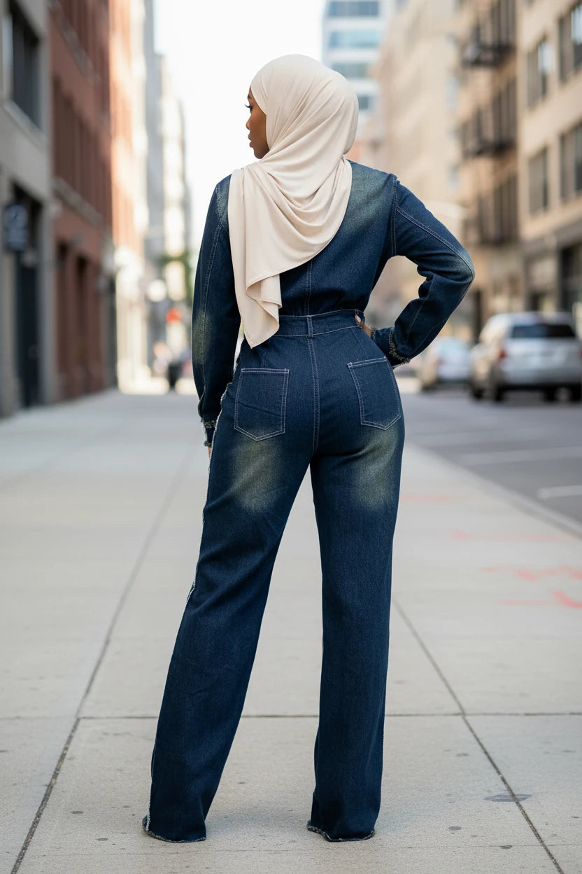 Women Fashion Denim Long Sleeve Jumpsuit - Modestly Vogue 
