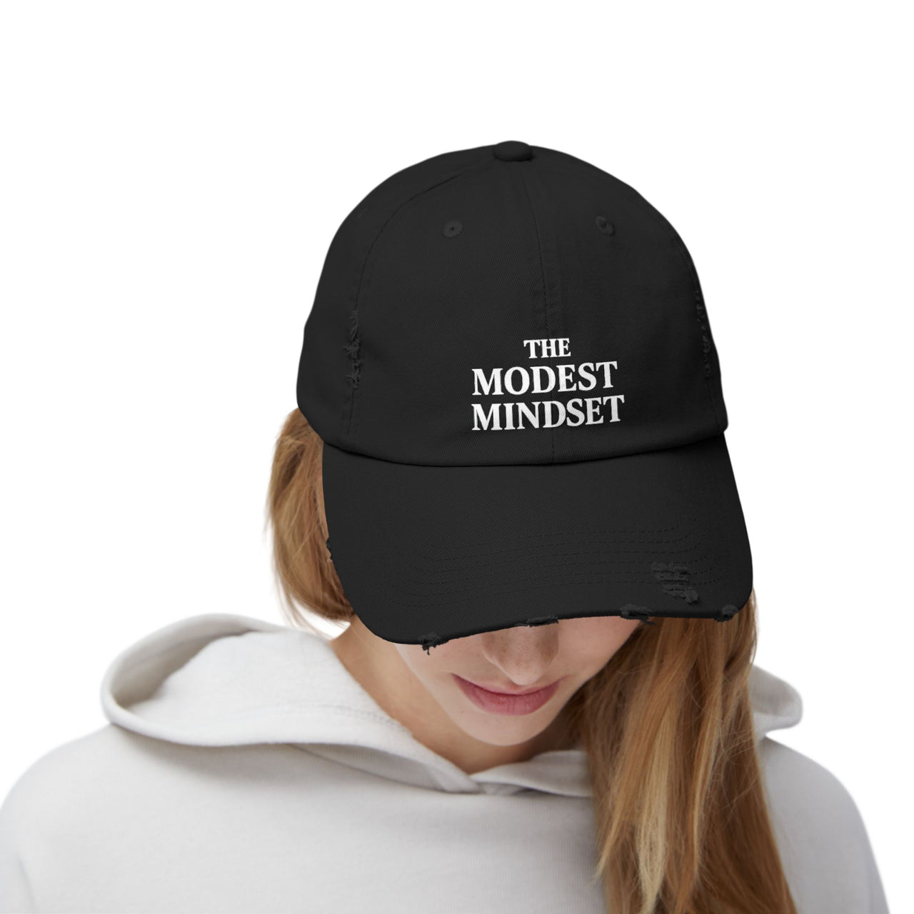 Unisex Distressed Cap – Modest Mindset Inspirational Hat for Everyday Style