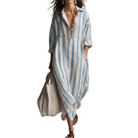 Striped Lapel-collar Dress With Side Slits And Pockets - Modestly Vogue 