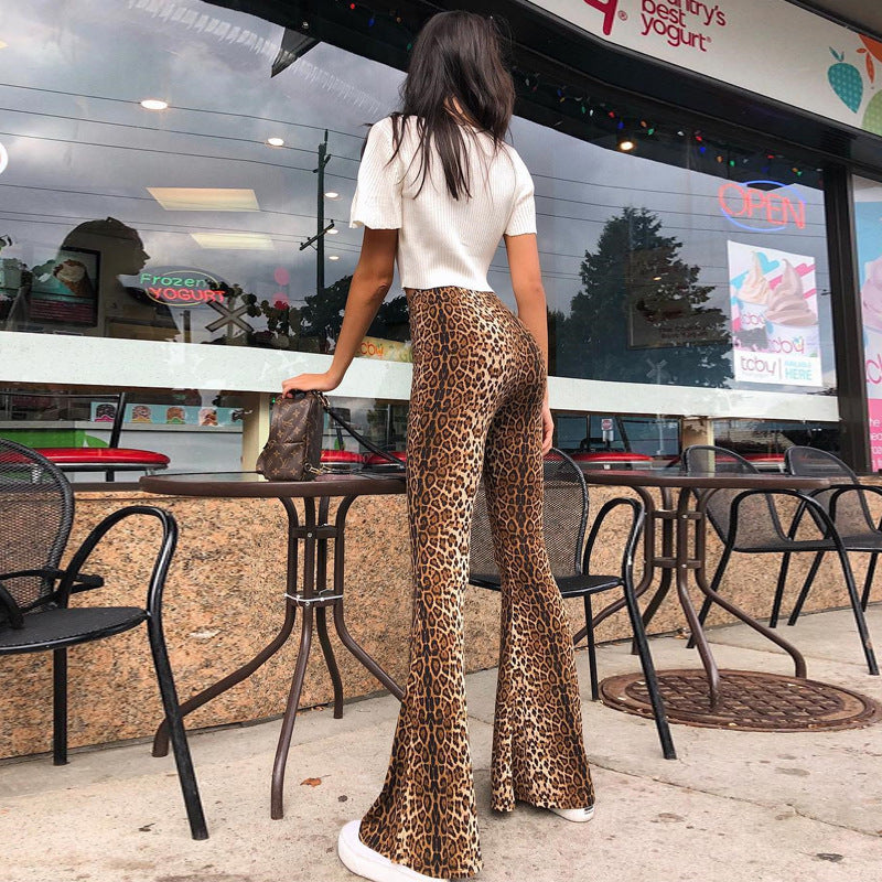 Leopard Print Elastic High Waist Bell-bottom Pants Women Long Women Clothing - Modestly Vogue 
