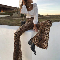Leopard Print Elastic High Waist Bell-bottom Pants Women Long Women Clothing - Modestly Vogue 