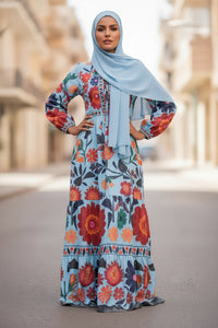 Printed Flared Skirt Long Sleeve Lace Up Casual Dress - Modestly Vogue 