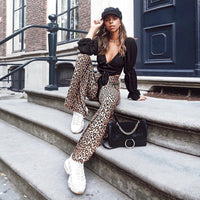 Leopard Print Elastic High Waist Bell-bottom Pants Women Long Women Clothing - Modestly Vogue 