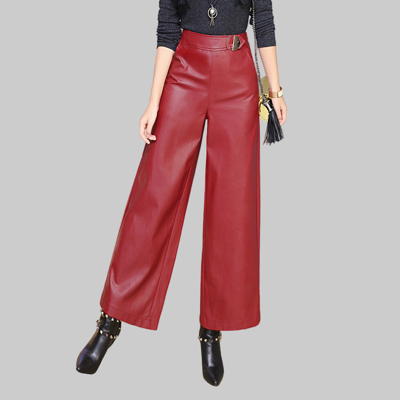Wide Leg  Women's Straight-leg Trousers Leather Pants - Modestly Vogue 