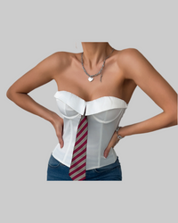 White Low Cut Satin Tie Corset Top with Boning and Lace-up Steel Rings - Modestly Vogue 