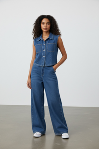 Button Up Vest and Jeans Denim Set - Modestly Vogue 