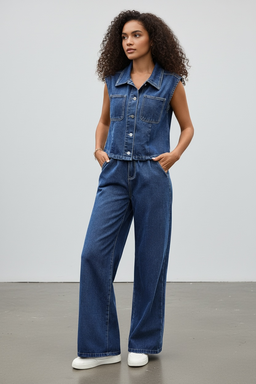 Button Up Vest and Jeans Denim Set - Modestly Vogue 