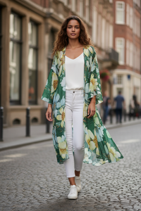 Printed Shawl Cardigan with Lantern Sleeves & Asymmetric Hem - Modestly Vogue 