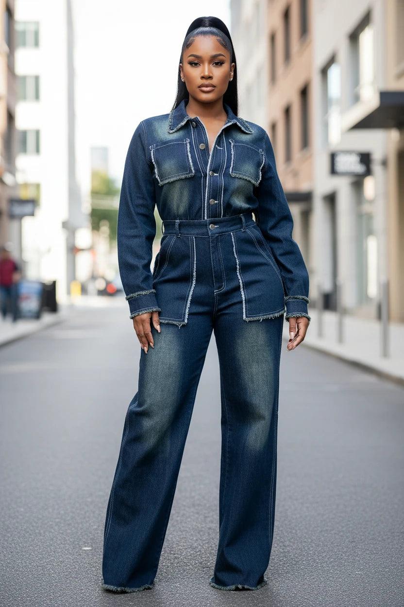 Women Fashion Denim Long Sleeve Jumpsuit - Modestly Vogue 