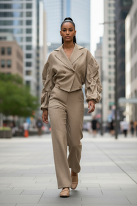 Office Casual Large Collared Pleated Sleeves Work Pant Two Piece Sets - Modestly Vogue 
