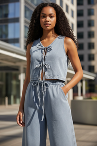 Women Spring Summer Sleeveless Lace up Vest Lace up Wide Leg Jeans Denim Set - Modestly Vogue 