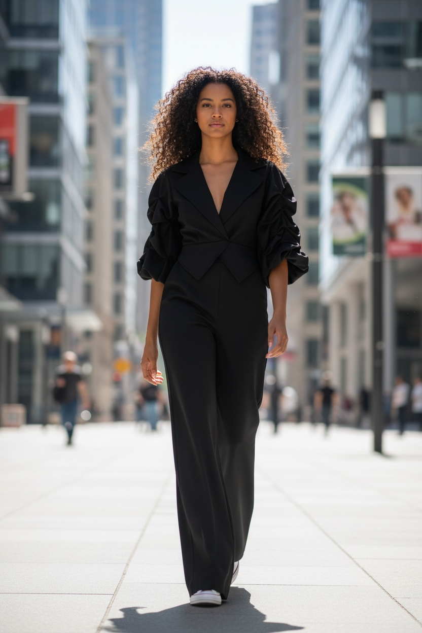 Office Casual Large Collared Pleated Sleeves Work Pant Two Piece Sets - Modestly Vogue 