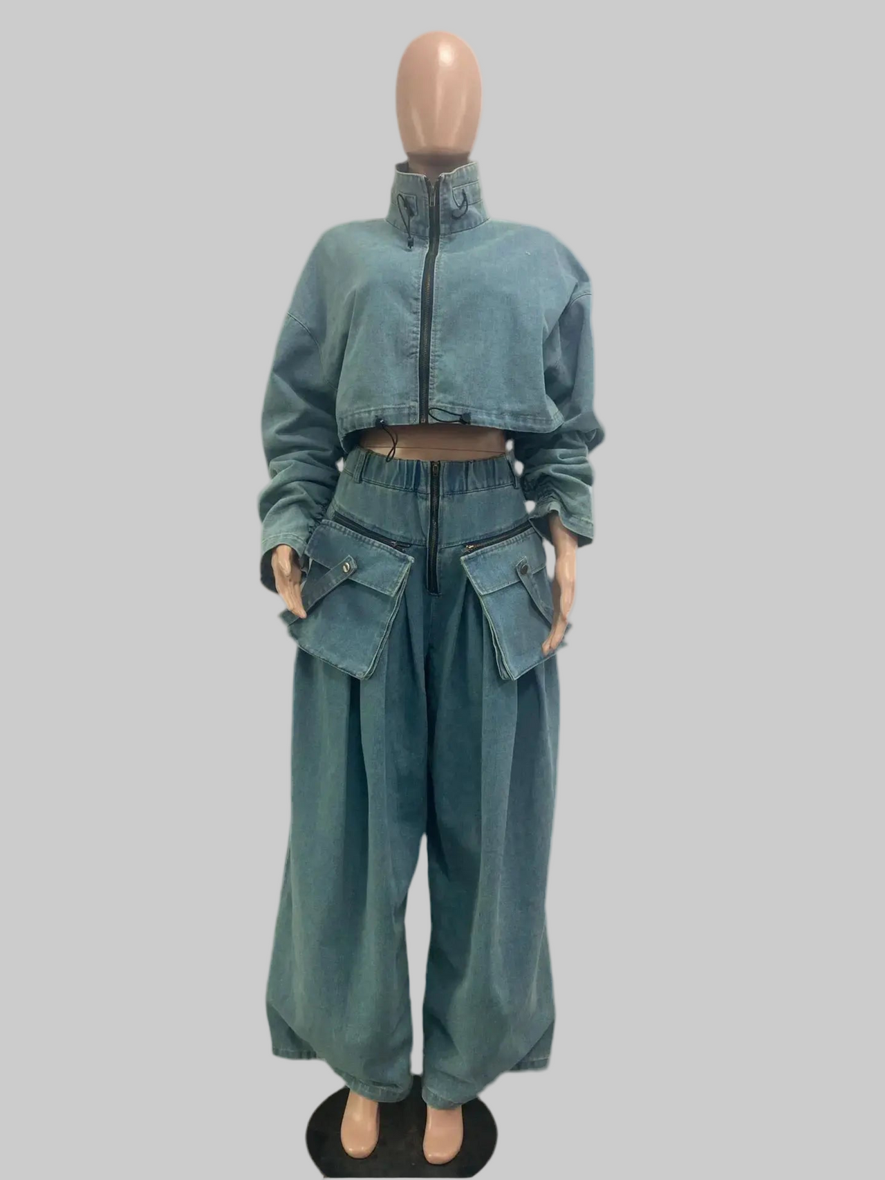 Blue Denim Two-Piece Set for Women – Y2K Streetwear Jeans & Coat Set - Modestly Vogue 