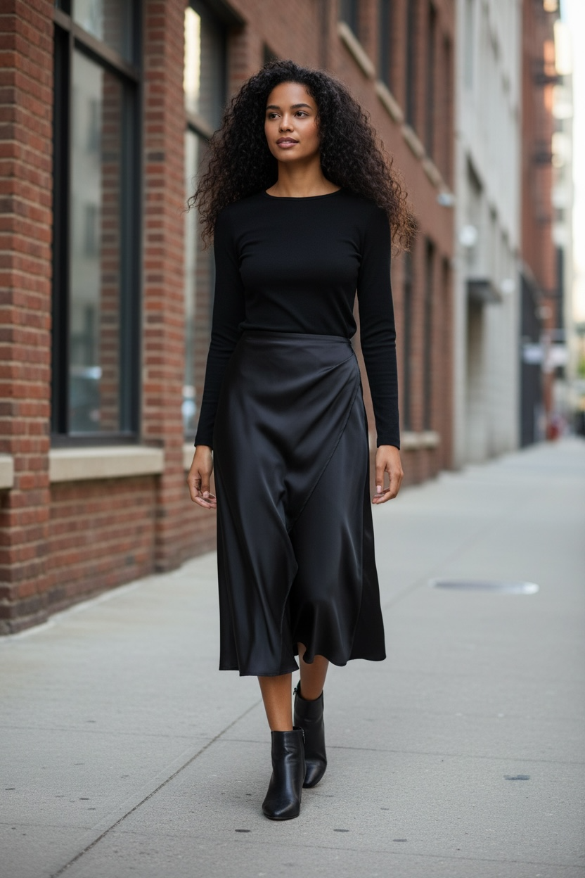Women’s Satin Midi Skirt – Elegant Mid Length Silk Style - Modestly Vogue 