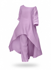 Casual Solid Color Pant Co-ord Set with Long Sleeve Top and Wide Leg Cotton and Linen Pants, 2 Pieces Set for Autumn - Modestly Vogue 