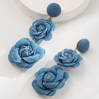 Denim Fabric Flower Earrings | Multi-Layer Long Design - Modestly Vogue 