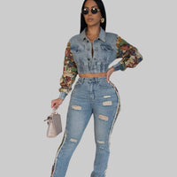 New Retro Jeans Women's Stitching Fashion Side Lace Suit - Modestly Vogue 