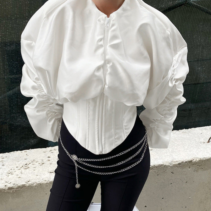 Waist-tucking Pleated Round-neck Long-sleeved Coat