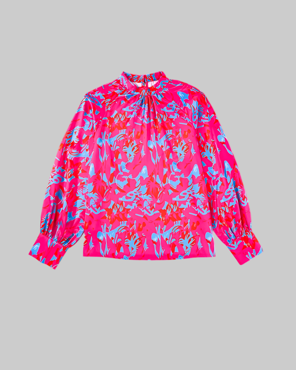 Purple Printed Bubble Sleeve Mock Neck Blouse – Elegant & Trendy - Modestly Vogue 