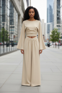 Round Neck Top and Wide Leg Pants Set - Modestly Vogue 