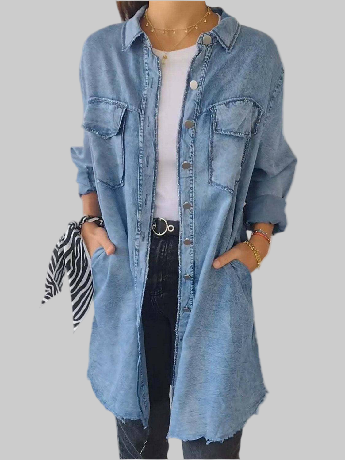 Denim Tops Blouses – Raw Hem Button-Up Long Sleeve Top for Women - Modestly Vogue 
