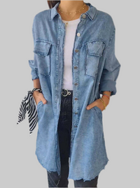 Denim Tops Blouses – Raw Hem Button-Up Long Sleeve Top for Women - Modestly Vogue 