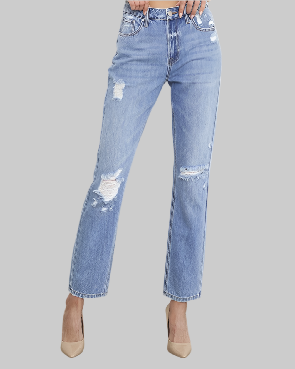 High Rise Distressed Girlfriend Jeans – Relaxed Fit with Edge - Modestly Vogue 