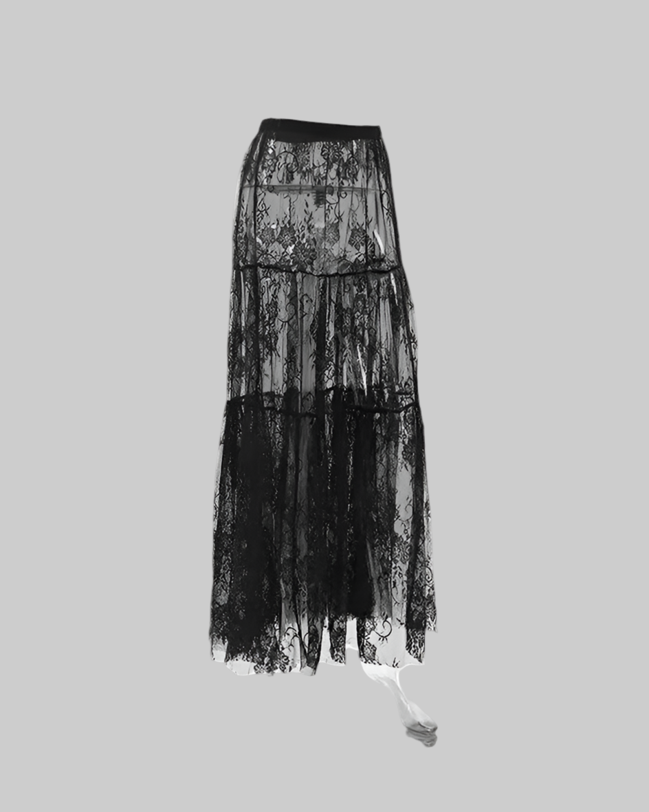 Black Floral Lace Ruffled Maxi Skirt – Elegant Romantic Layered Skirt - Modestly Vogue 
