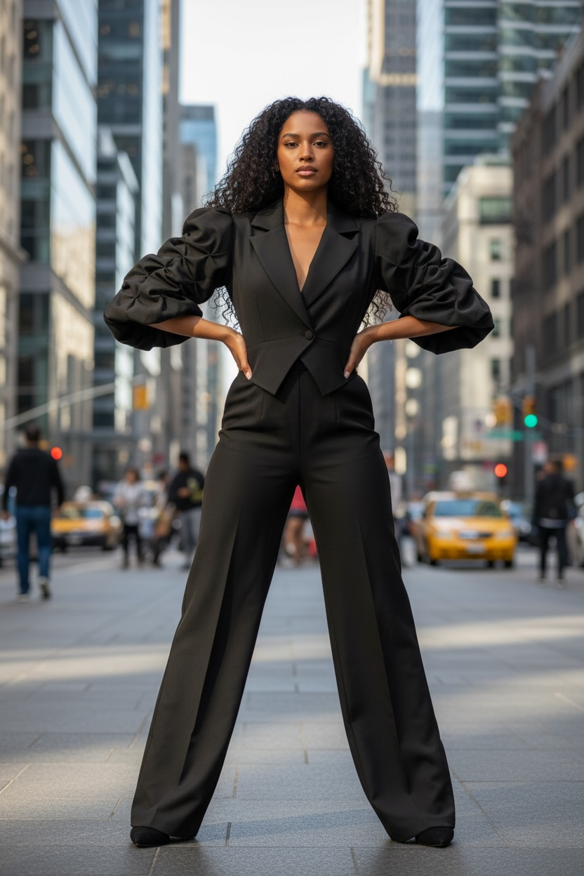 Office Casual Large Collared Pleated Sleeves Work Pant Two Piece Sets - Modestly Vogue 
