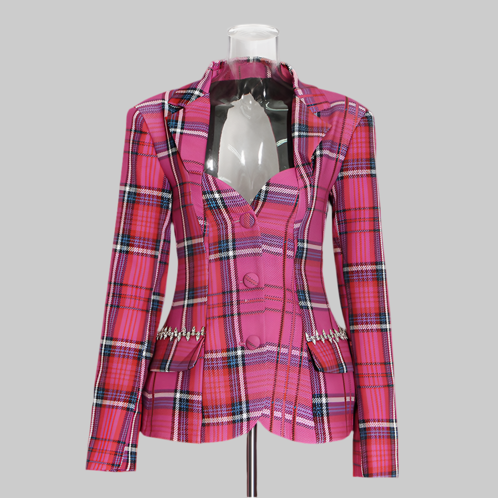 Pastel Backless Plaid Coat for Women - Spring Autumn Single Breasted