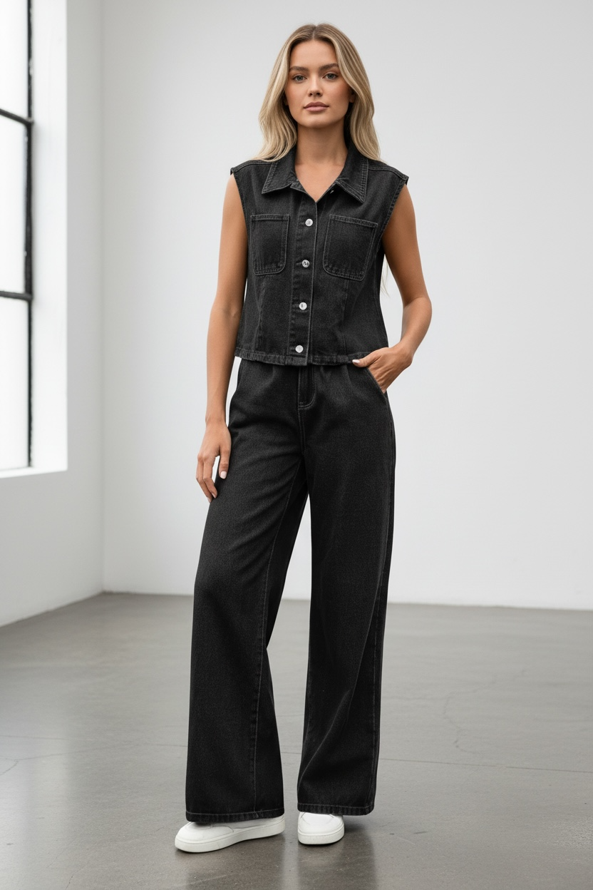 Button Up Vest and Jeans Denim Set - Modestly Vogue 