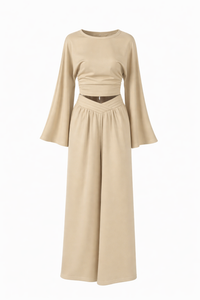 Round Neck Top and Wide Leg Pants Set - Modestly Vogue 