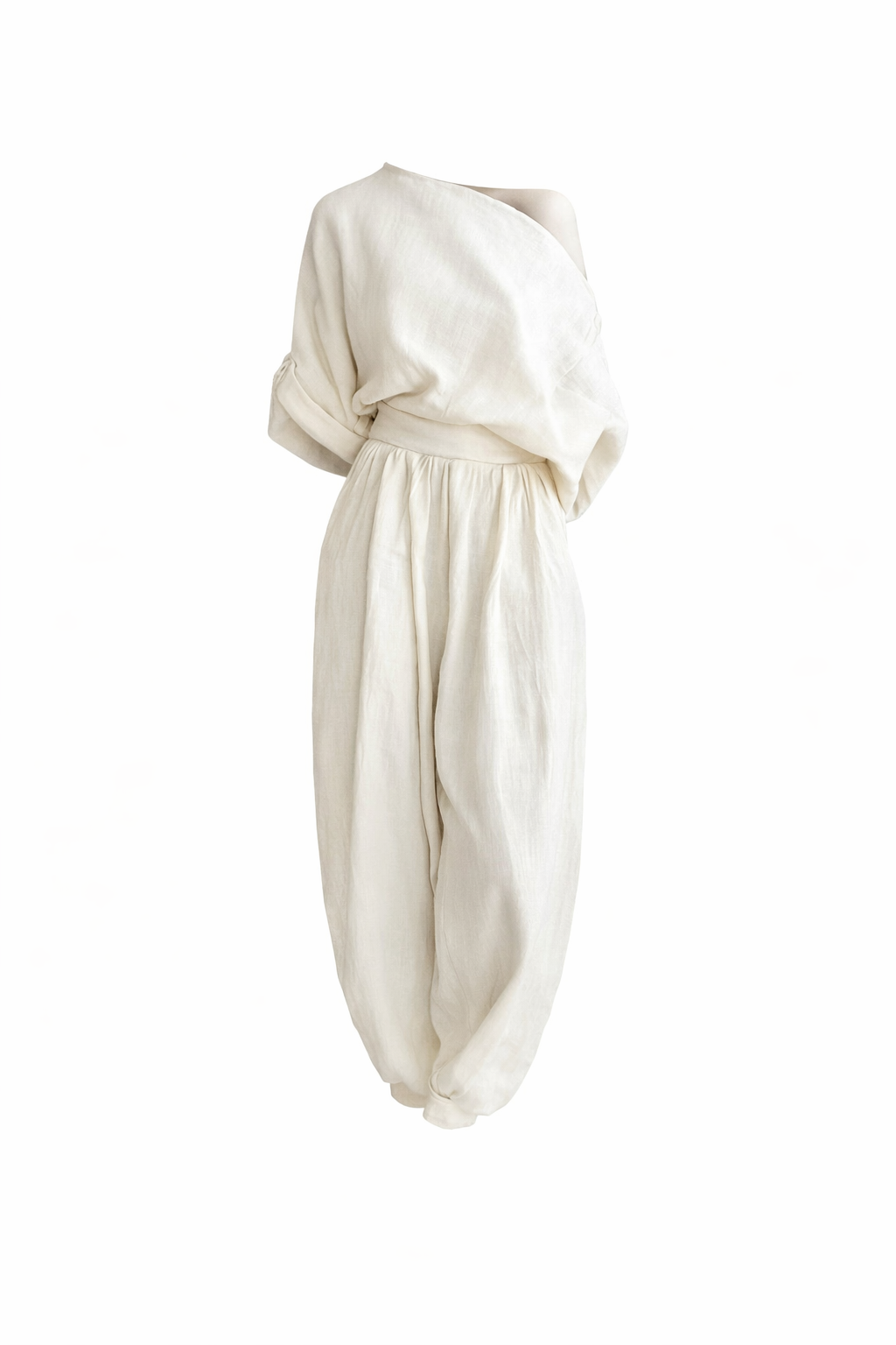 Solid Color Casual Pant Co-ord Set with Long Sleeve and Loose Fit Bloomers in Cotton and Linen Fabric, Stretchy - Modestly Vogue 