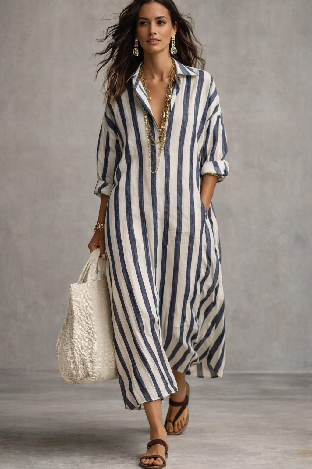 Striped Lapel-collar Dress With Side Slits And Pockets - Modestly Vogue 
