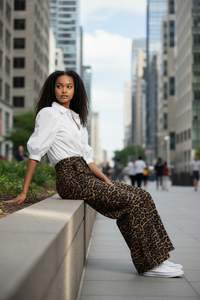 Women's Leopard Print Wide Leg Pants & Puff Sleeve Top Set - Modestly Vogue 