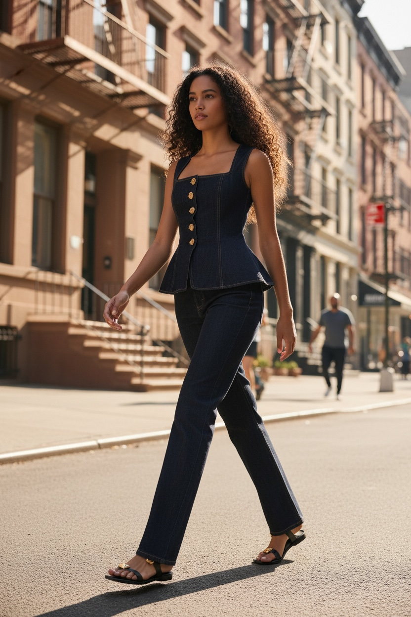 Women Modern Button High Waist Denim Top Trousers Set - Modestly Vogue 