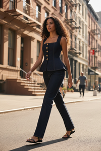 Women Modern Button High Waist Denim Top Trousers Set - Modestly Vogue 