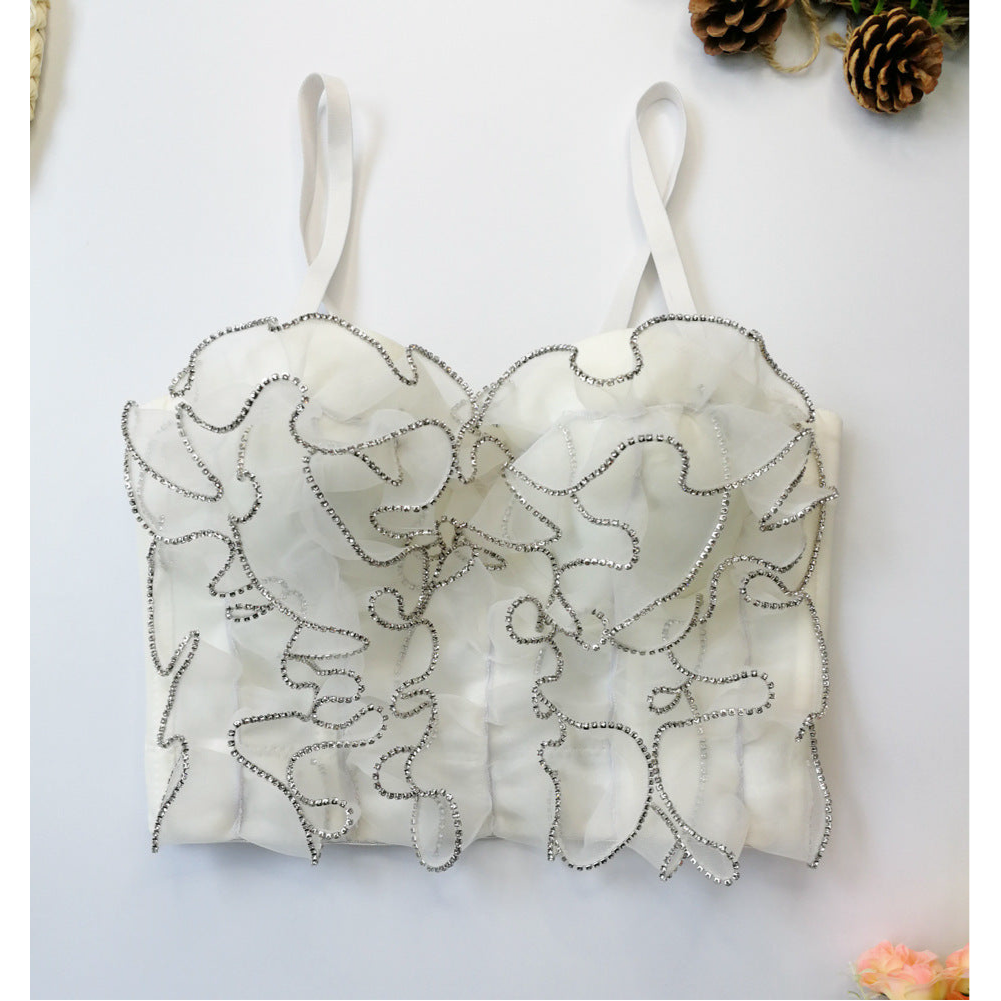 Diamond-Embedded Lace Corset Waist Top with Ruffles & Steel Boning - Modestly Vogue 