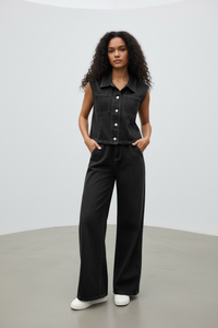 Button Up Vest and Jeans Denim Set - Modestly Vogue 