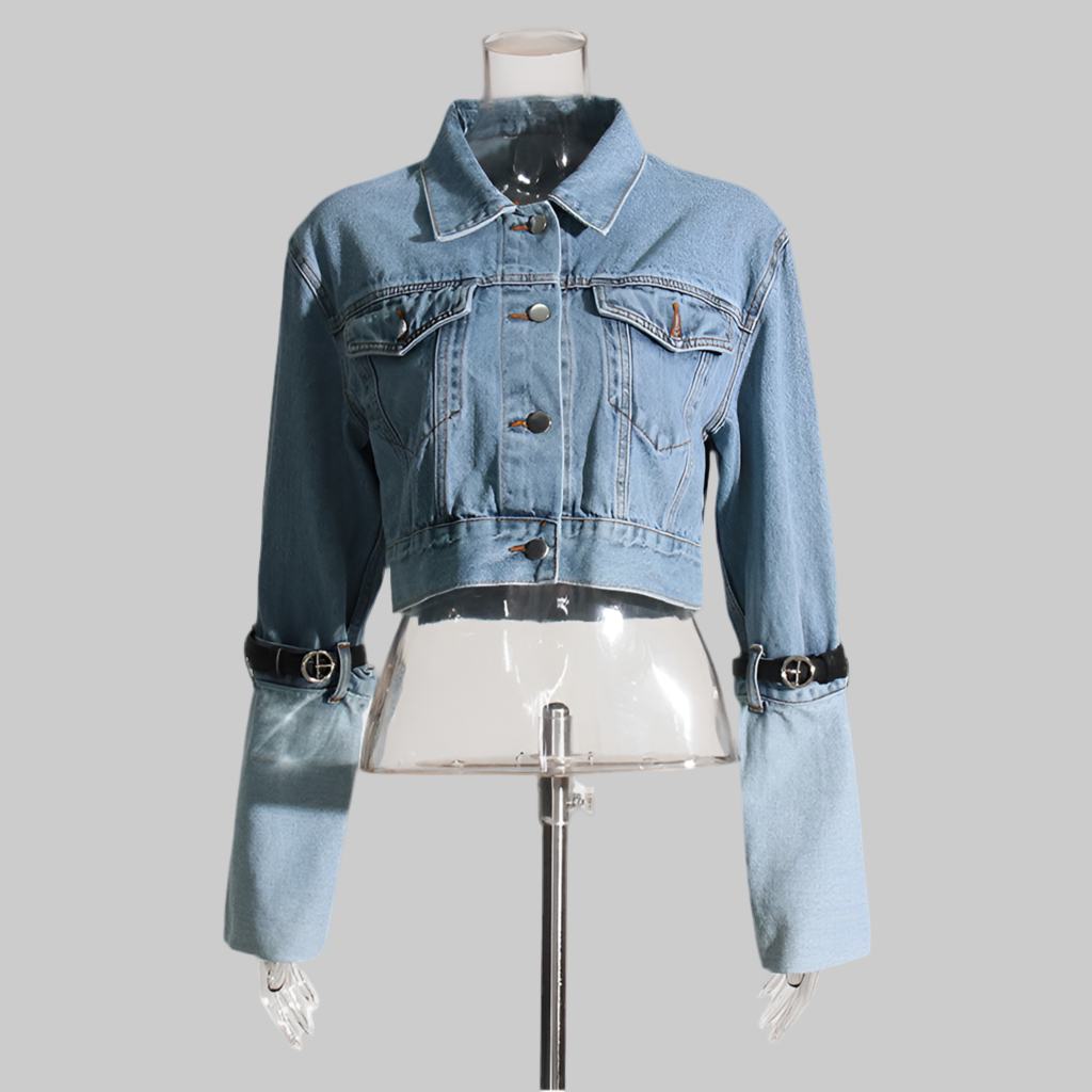 Blue Denim Belt Design Denim Jacket for Women - Collared Korean Patchwork Top